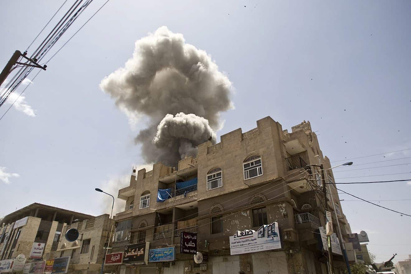 Aerial bombardment of Sanaa, Yemen, from Saudi Arabia in 2016. Source: Wikimedia Commons.