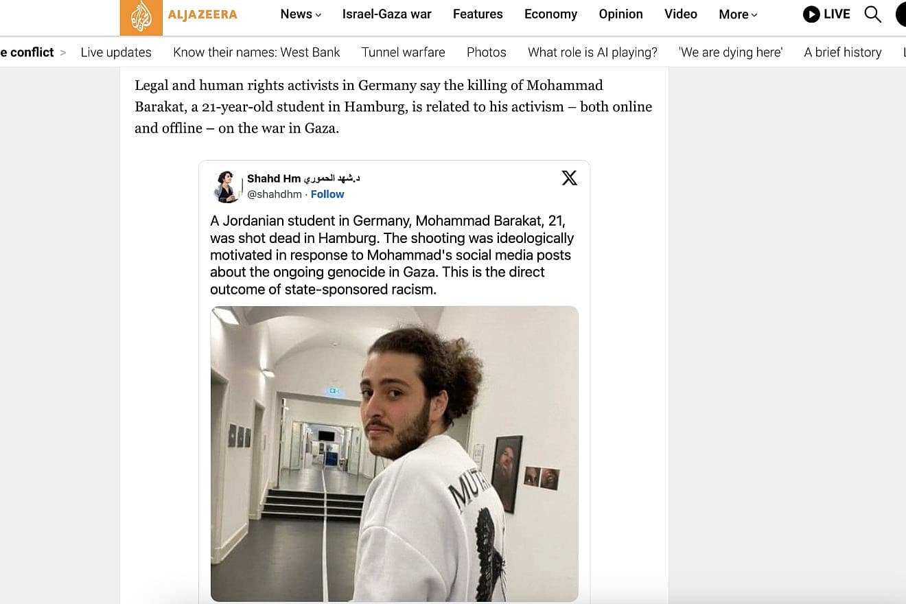 Screen capture of an Al Jazeera news blog update claiming Mohammad Barakat was killed for his Gaza activism.