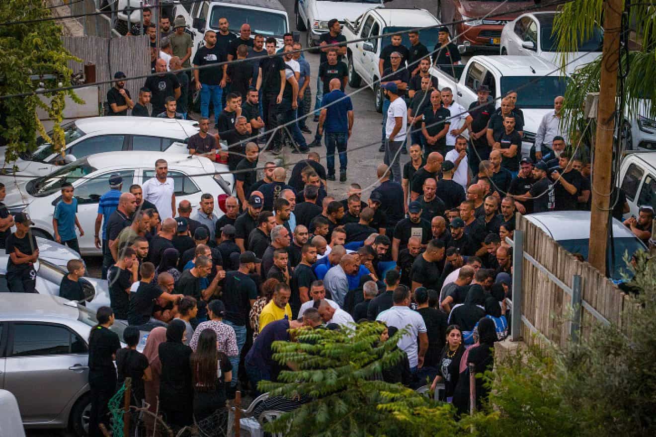 Mourners attend the funeral of five family members who were shot to death in the Bedouin town of Basmat Tab’un, southeast of Haifa, Sept. 29, 2023. Photo by Flash90.