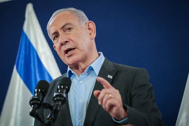 Israeli Prime Minister Benjamin Netanyahu speaks during a press conference at the Ministry of Defense in Tel Aviv. Dec. 16, 2023. Photo by Noam Revkin Fenton/Flash90.