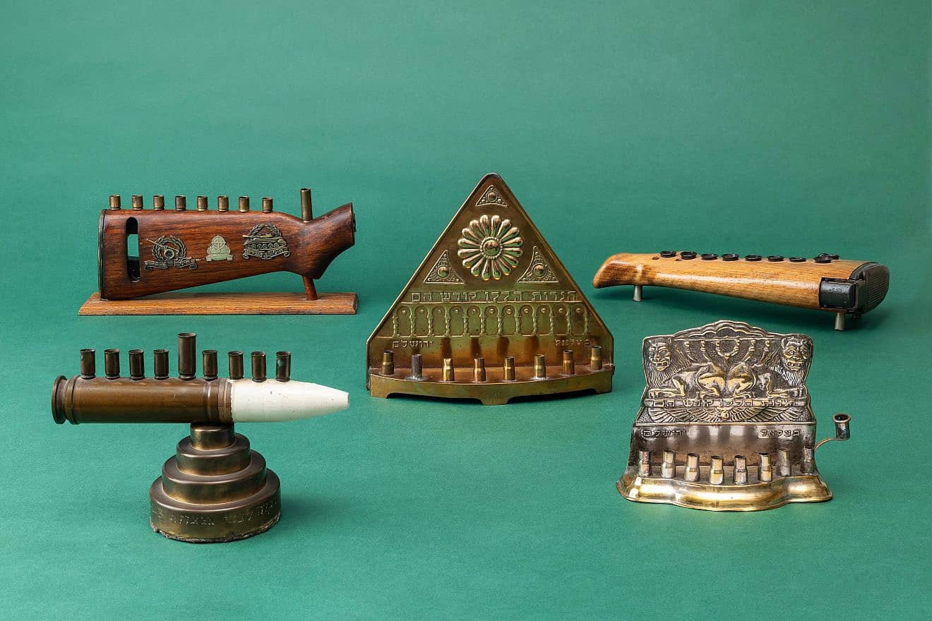 Part of a collection of Chanukah lamps made from weapon parts, as featured at the Israel Museum in Jerusalem. Photo by Laura Lachman.