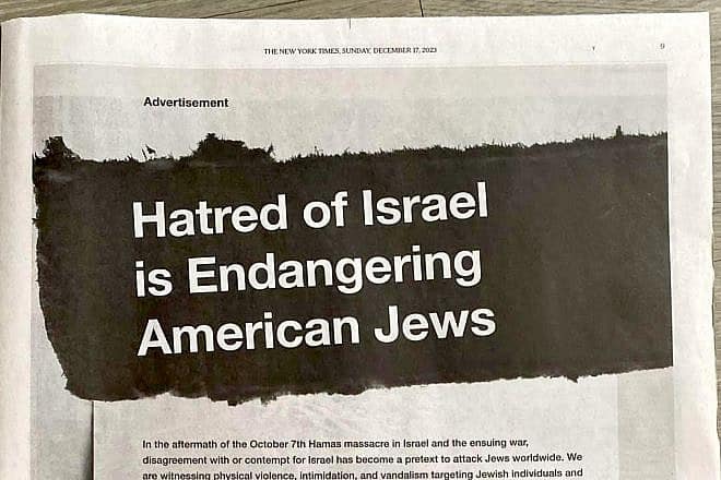 An ad that the Conference of Presidents of Major American Jewish Organizations took out in “The New York Times” on Dec. 17, 2023. Credit: Conference of Presidents.