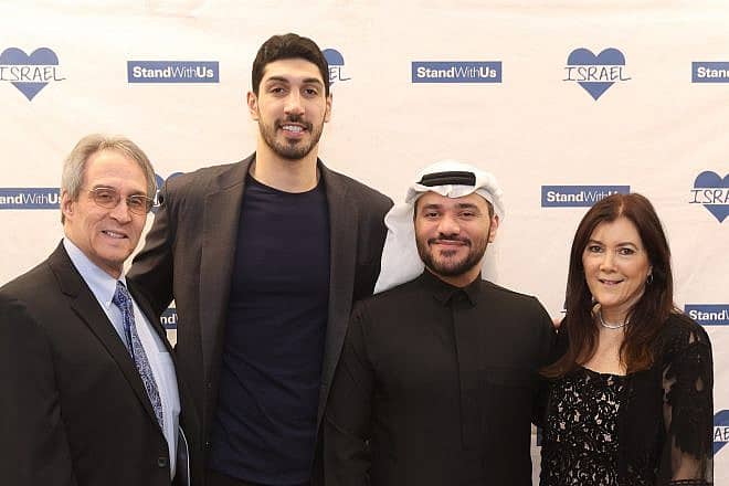 (From left) Jerry Rothstein, co-founder and COO of StandWithUs; former athelete and activists Enes Kanter Freedom; UAE-based social media activist Loay Alshareef; and Roz Rothstein, co-founder and CEO of SWU, in Los Angeles on Dec. 10, 2023. Credit: Courtesy: SWU.