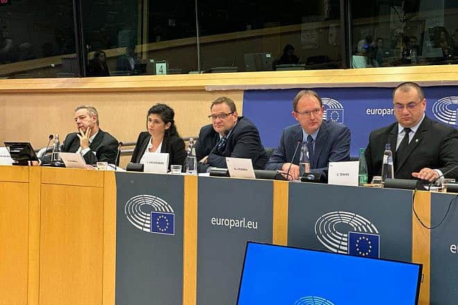 MK Sharren Haskel (second from left), co-chair of the Knesset’s Christian Allies Caucus, at the European Parliament in Brussels, Dec. 6, 2023. Photo: Courtesy.