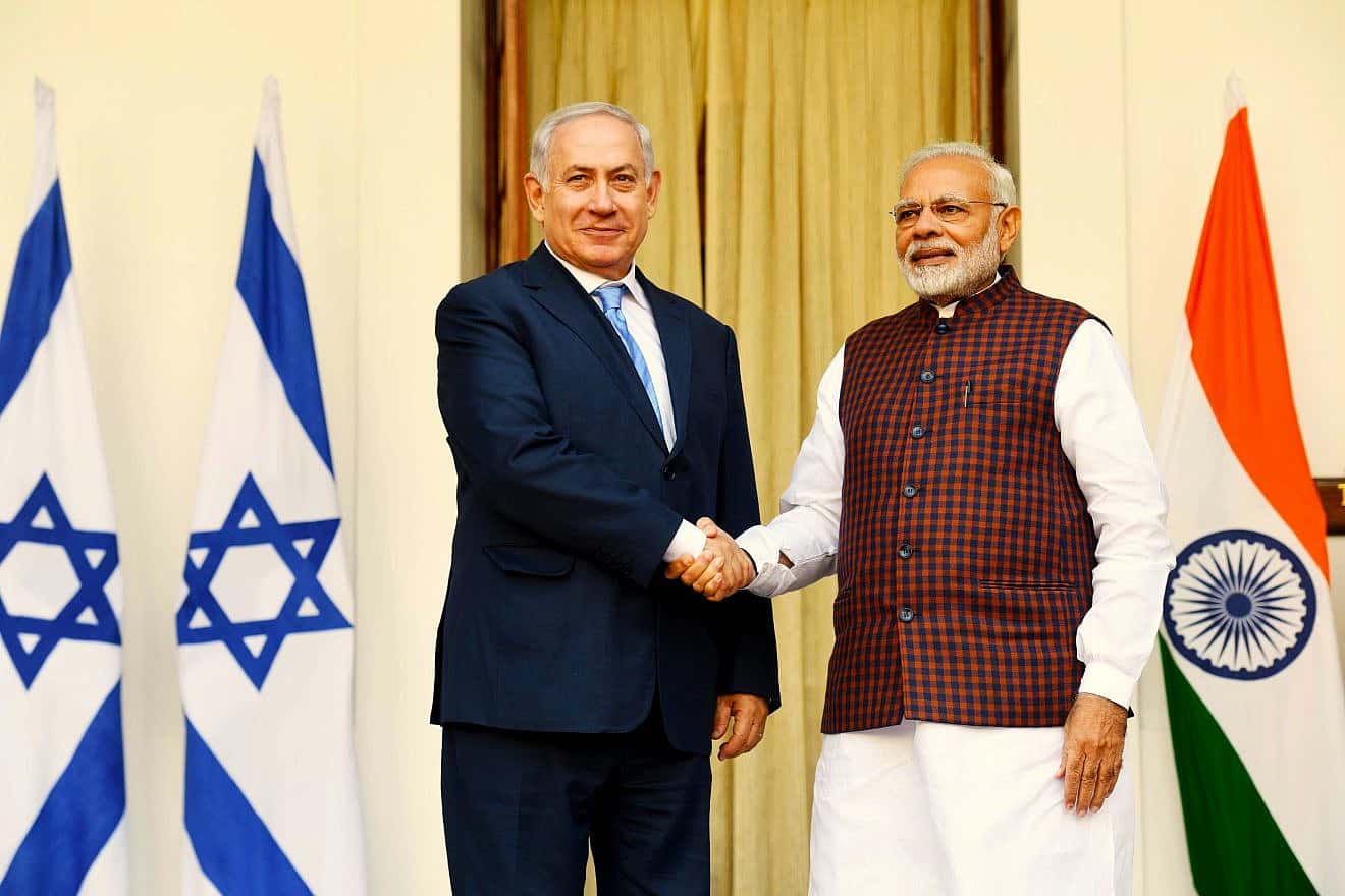 Israeli Prime Minister Benjamin Netanyahu and Indian Prime Minister Narendra Modi at a joint press conference in the president's house in New Delhi, India on Jan. 15, 2018. Photo: Avi Ohayon/GPO/Flash90