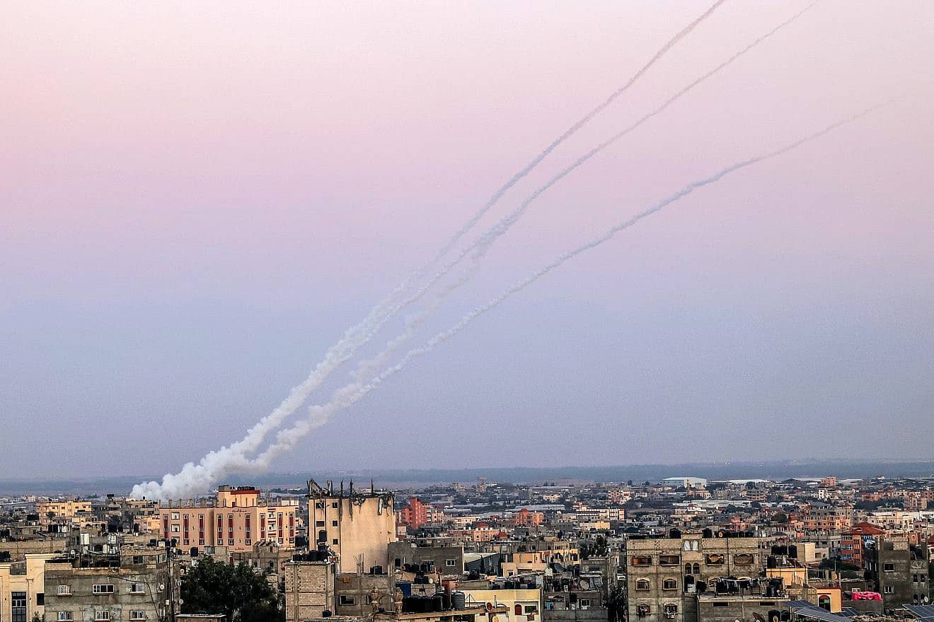 Rockets are fired from the Gaza Strip towards Israel, Nov. 7, 2023. Photo by Abed Rahim Khatib/Flash90.