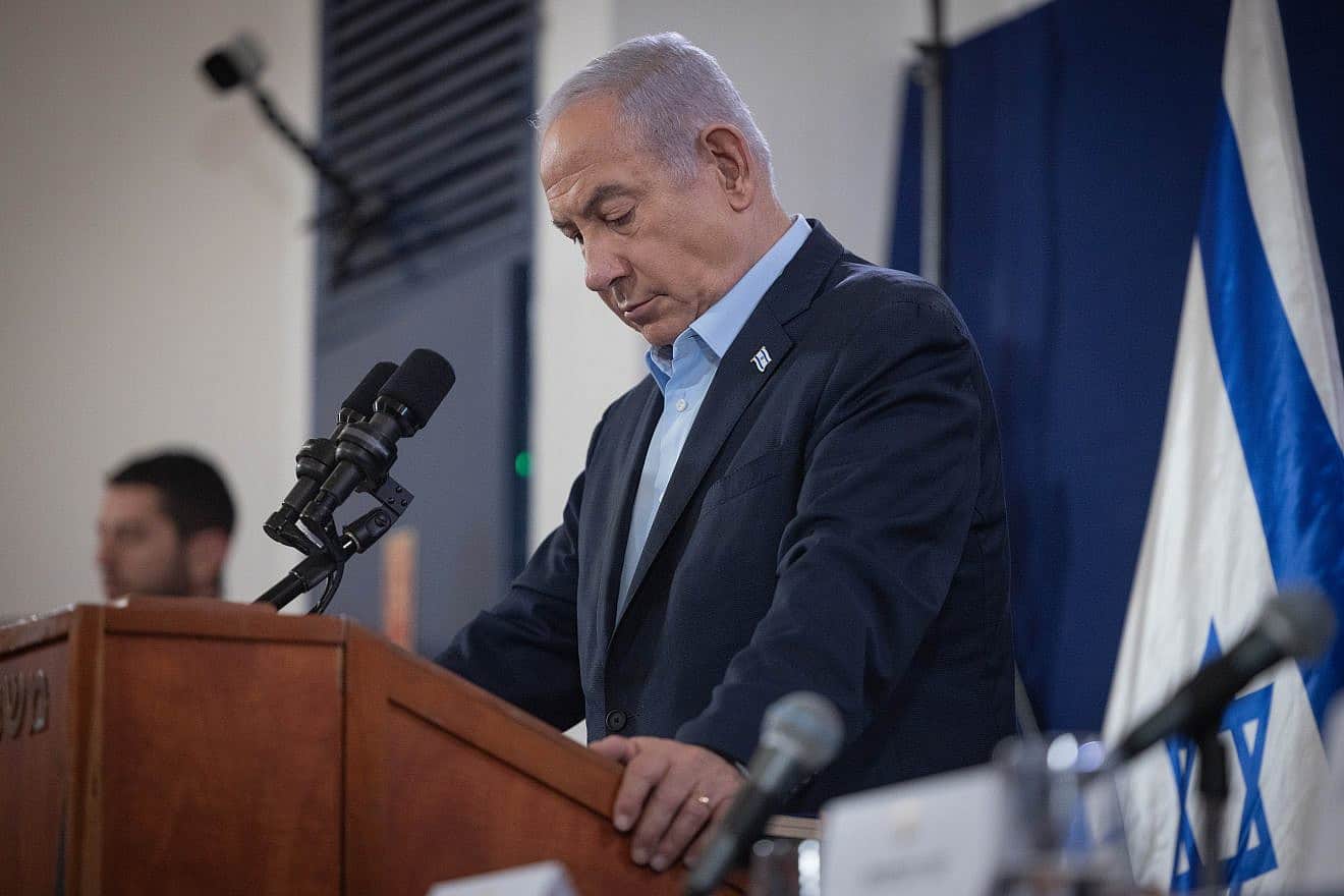 Israeli Prime Minister Benjamin Netanyahu holds a press conference at the Ministry of Defense in Tel Aviv. Nov. 22, 2023. Photo by Chaim Goldberg/Flash90.