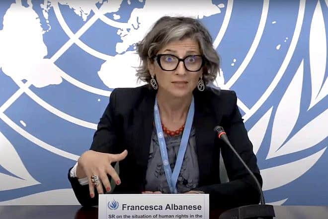 U.N. envoy Francesca Albanese speaks at a U.N. Human Rights Council press conference, July 2023. Source: YouTube/U.N. Human Rights Council.