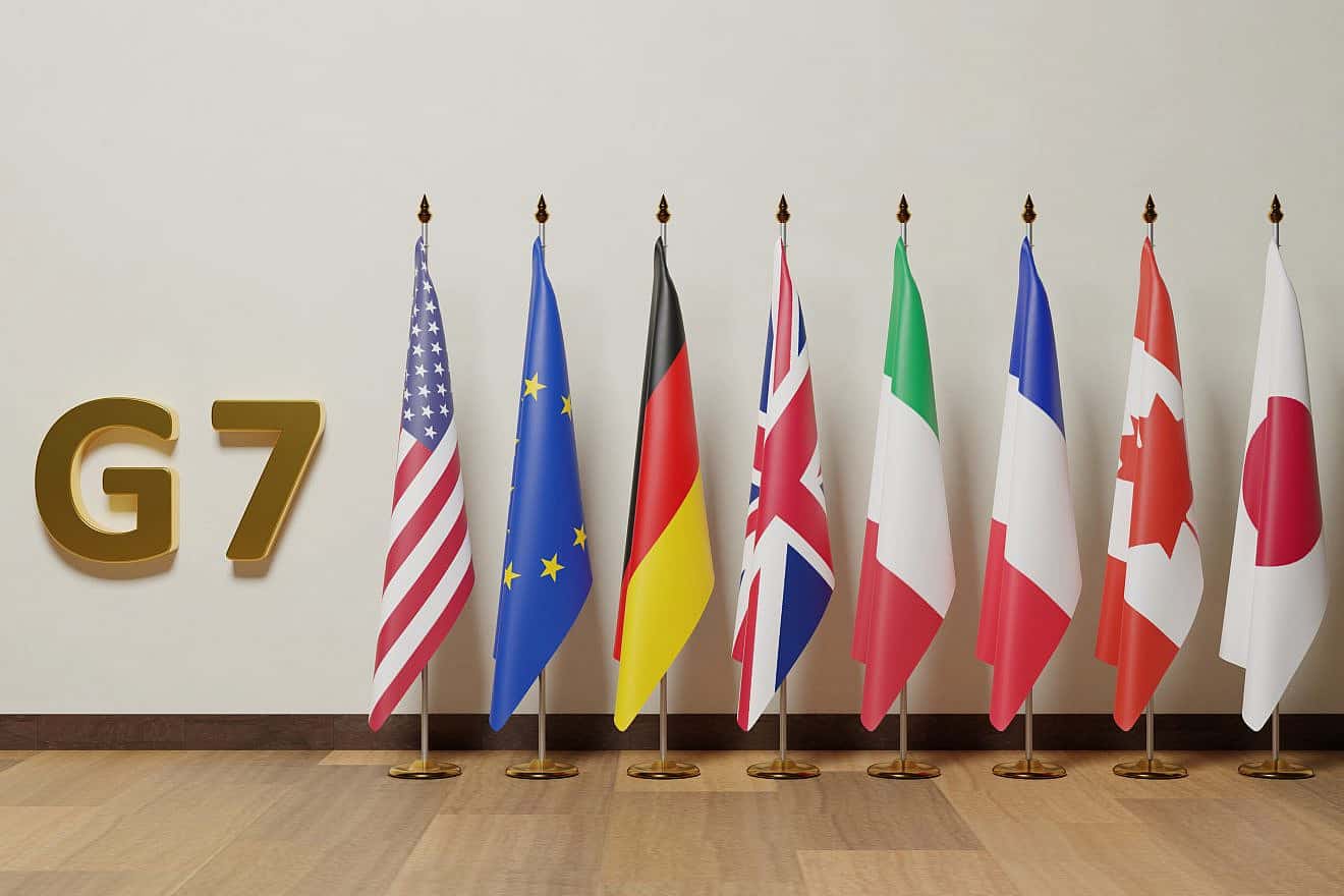 The Group of Seven (G7) flag, consisting of Canada, France, Germany, Italy, Japan, the United Kingdom, the United States and the European Union. Credit: Shutterstock.