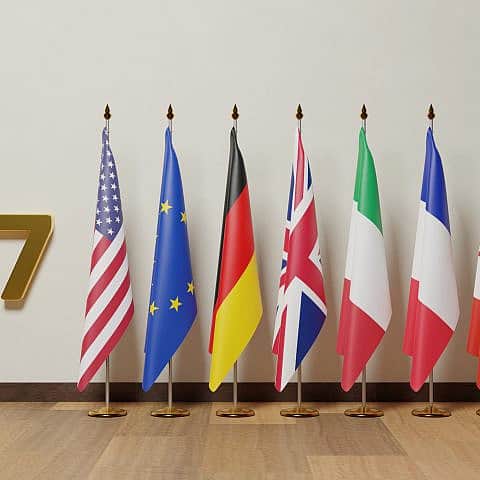 The Group of Seven (G7) flag, consisting of Canada, France, Germany, Italy, Japan, the United Kingdom, the United States and the European Union. Credit: Shutterstock.