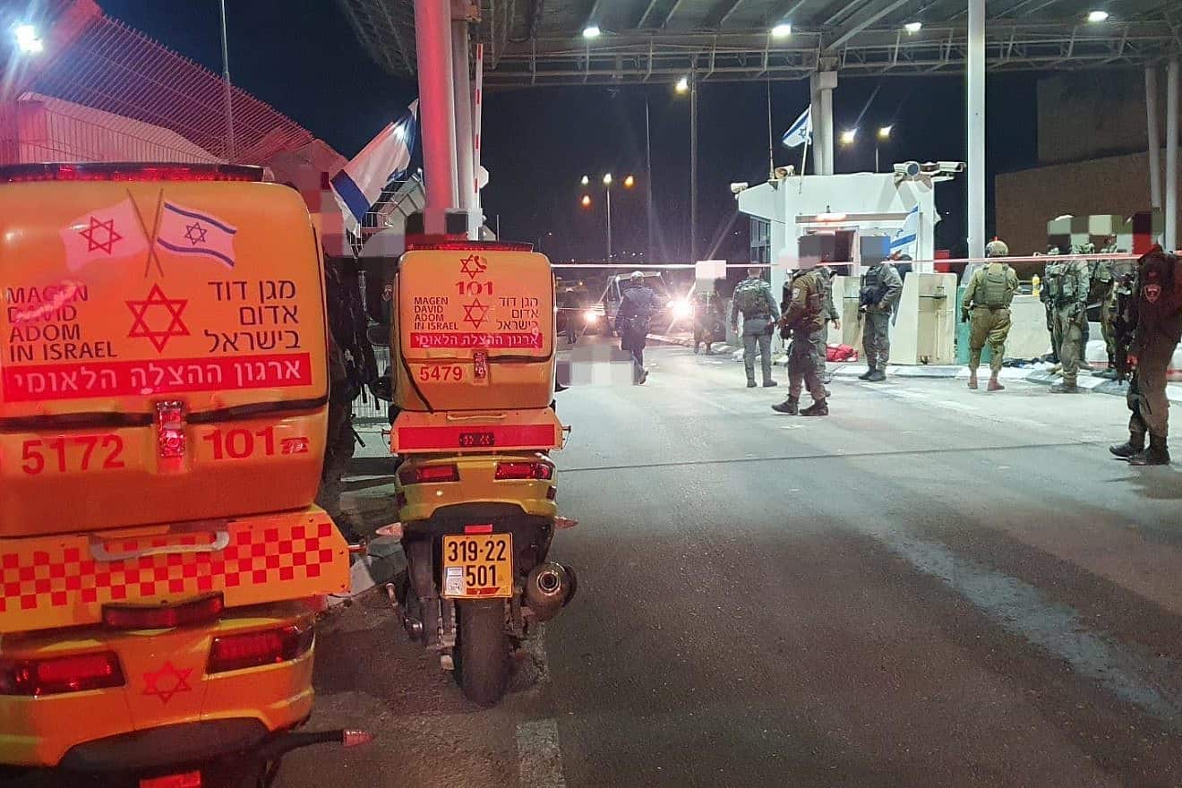 The scene of a stabbing attack at a checkpoint south of Jerusalem on Dec. 28, 2023. Credit: Magen David Adom.
