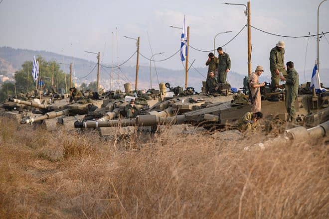 Israeli tanks at a staging area near the border with Lebanon, Oct. 11, 2023. Photo by Ayal Margolin/Flash90.