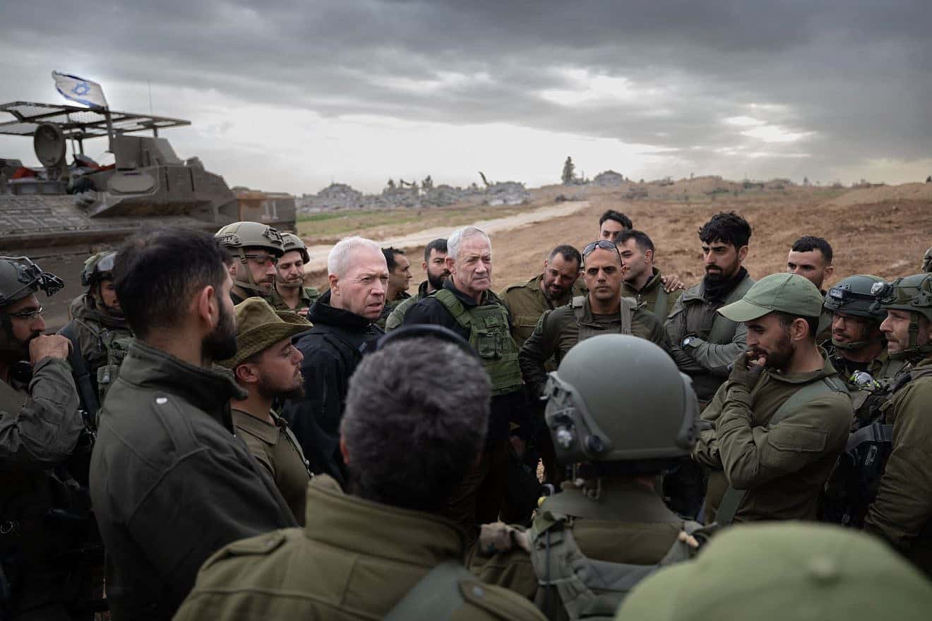 Israeli Defense Minister Yoav Gallant and Minister-without-Portfolio Benny Gantz hold a situation assessment in Beit Hanon in the northern Gaza Strip, Dec. 23, 2023. Photo by Shachar Yurman.