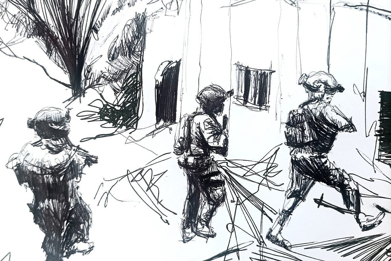 Israeli soldiers entering what may be a booby-trapped house. Sketch by IDF reservist Sam Griffin.