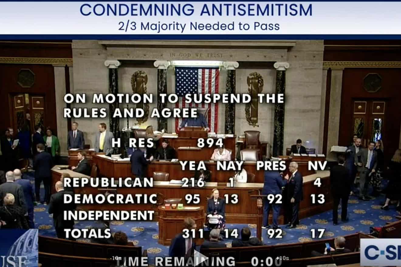 Final vote count for H.Res.894, "Strongly condemning and denouncing the drastic rise of antisemitism in the United States and around the world," which passed the U.S. House of Representatives on Dec. 5, 2023. Source: C-Span.