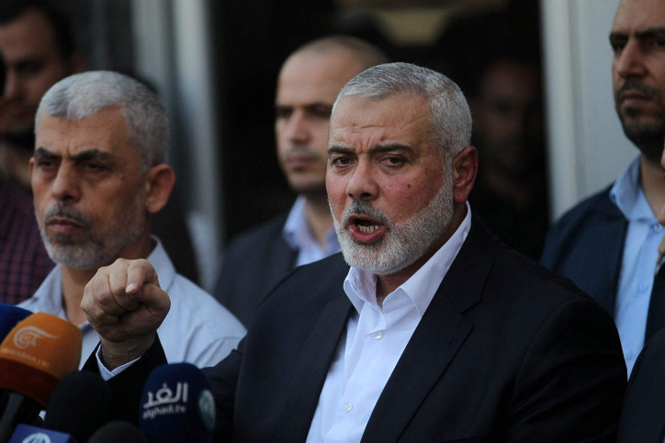 Hamas senior political leader Ismail Haniyeh, who lives in Qatar, speaks to the press upon his arrival at the Rafah border crossing from Egypt in the southern Gaza Strip, Sept. 19, 2017. Photo by Abed Rahim Khatib/ Flash90.