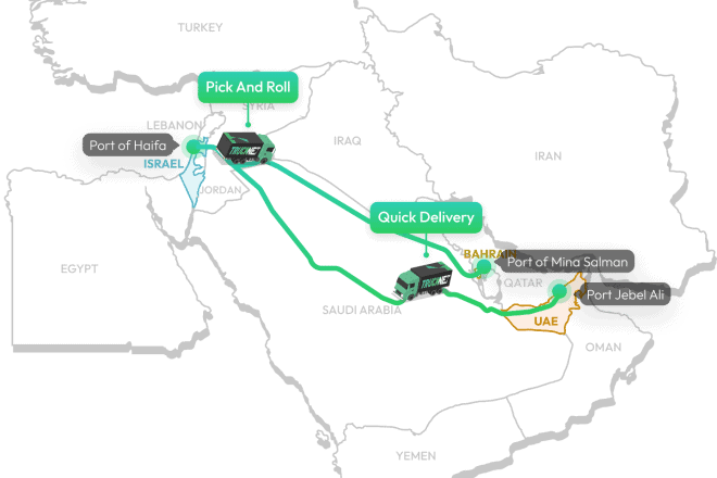 A map of the land corridor linking the Gulf to Israel. Source: Trucknet.