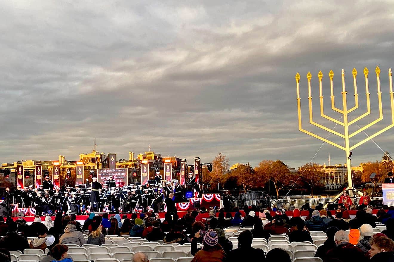 The annual lighting of the National Menorah on the Ellipse, south of the White House in Washington, D.C., on Dec. 7, 2023. Photo by Andrew Bernard.