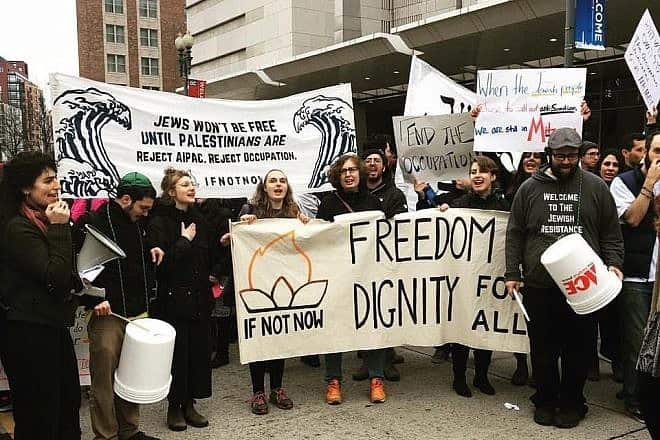 Hundreds of young Jews with IfNotNow protest AIPAC's annual policy conference in Washington, D.C., March 26, 2017. Credit: Wikimedia Commons.