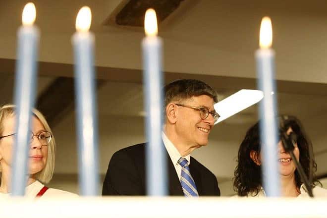 U.S. Ambassador to Israel Jack Lew lights Chanukah candles in Tel Aviv, Dec. 12, 2023. Photo by Gideon Markowicz/TPS.