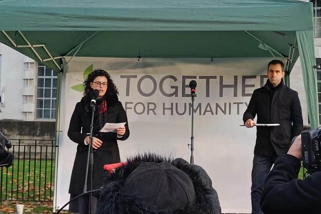 Layla Moran, a Liberal Democrat parliamentarian whose mother is a Christian Arab from Jerusalem, addressed the crowd at the “Building Bridges, Together for Humanity” vigil in London on Dec. 3, 2023. Source: X/Layla Moran, YachadUK.