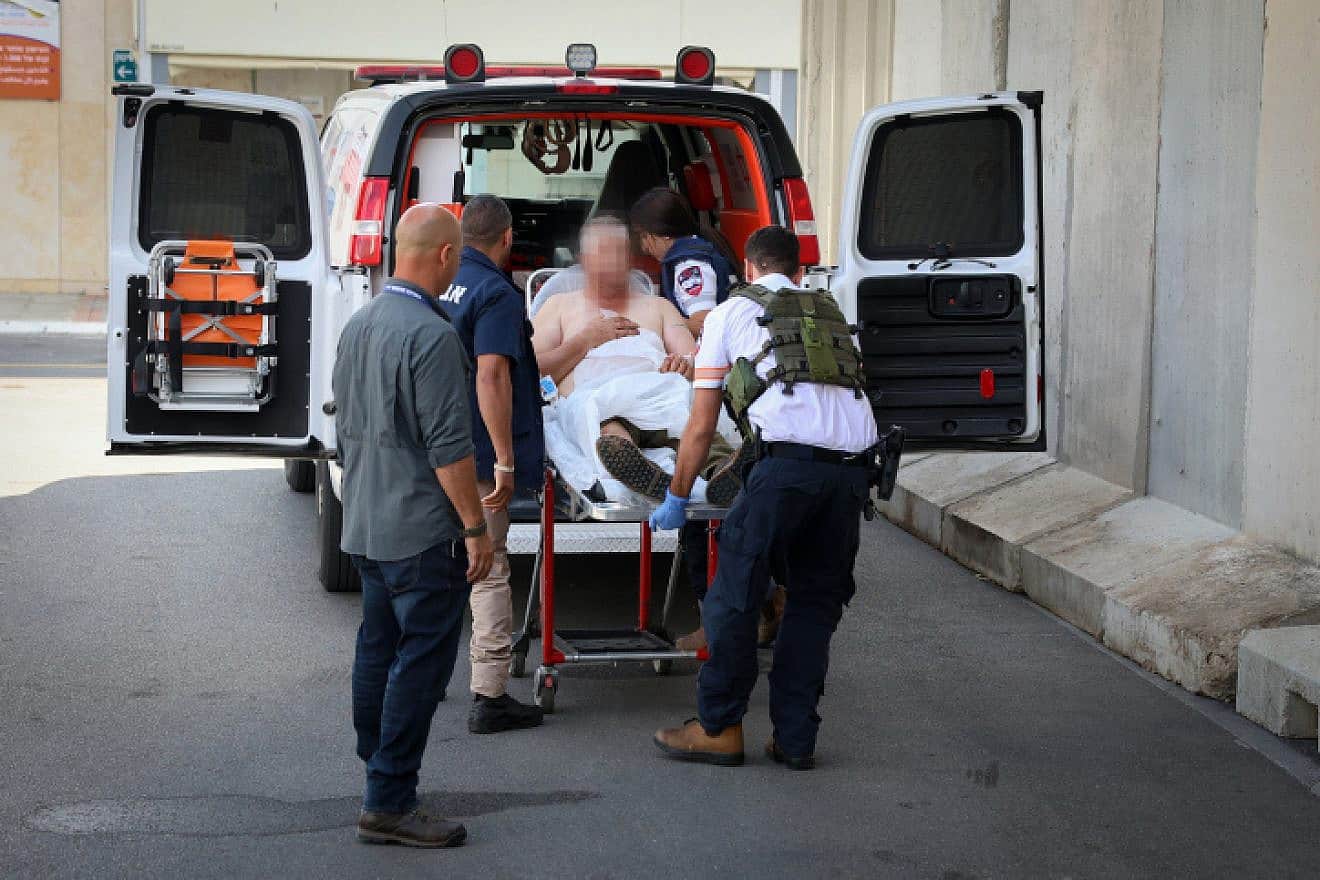 An Israeli wounded in Metula by a rocket fired from Lebanon is brought to Ziv Medical Center in Safed, Oct. 17, 2023. Photo by David Cohen/Flash90.