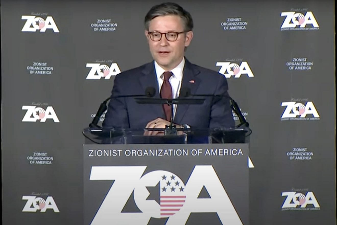 Speaker of the House Mike Johnson (R-La.) speaks at the Zionist Organization of America’s Louis B. Brandeis Award Dinner in New York on Dec. 3, 2023. Source: YouTube/ZOA.