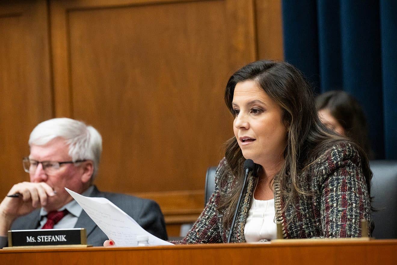 Rep. Elise Stefanik (R-N.Y.) asks a question during a House committee hearing about antisemitism on campus with the presidents of Harvard, Penn and MIT on Dec. 5, 2023. Credit: Courtesy of the Office of Rep. Stefanik.