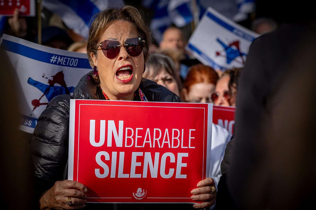 Protesters bring attention to the crimes and sexual violence against women during the Hamas terrorist attacks in Israel on Oct. 7 massacre, as well as reports of abuse of those taken hostage, outside of U.N. headquarters in New York City on Dec. 4, 2023. Photo by Yakov Binyamin/Flash90.