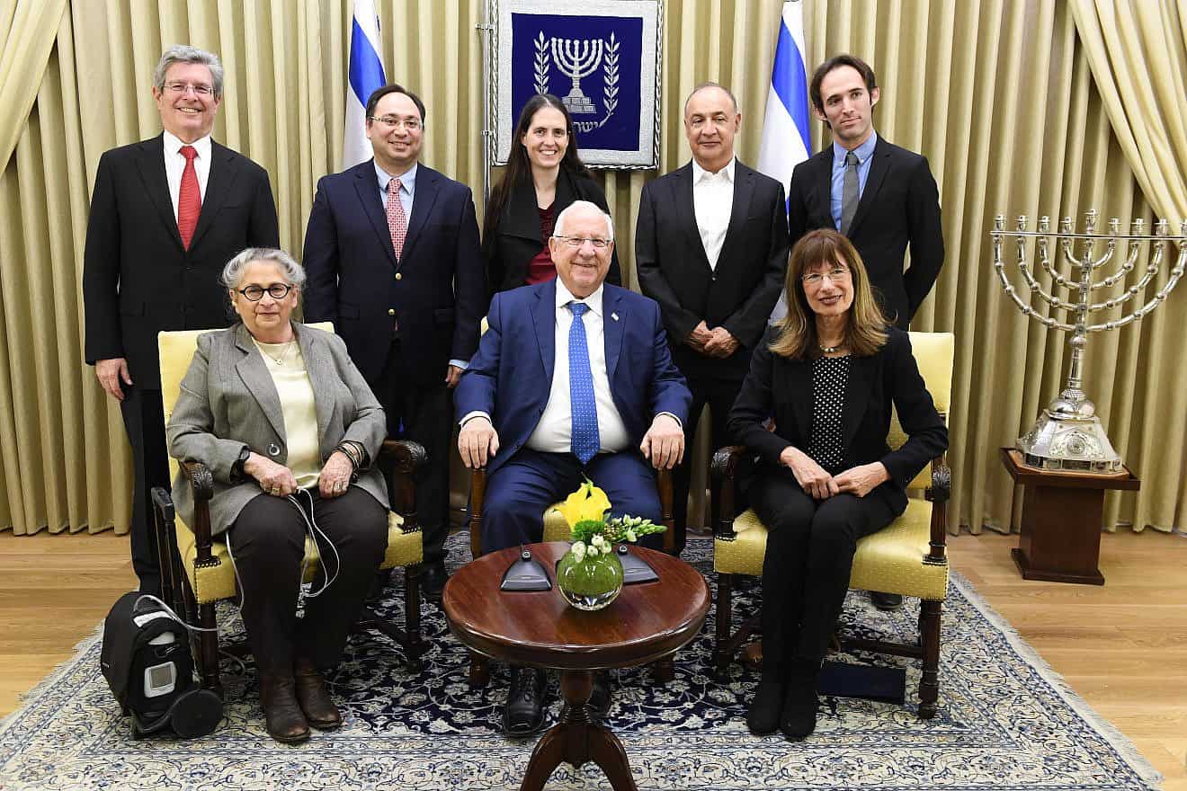 Israeli President Reuven Rivlin (front, center) and his wife Nechama Rivlin (front, left) host young scientists who have been received Blavatnik awards for research innovation on Feb. 4, 2018. The billionaire Len Blavatnik (back, fourth from left) looks on. Credit: Mark Neyman/GPO.