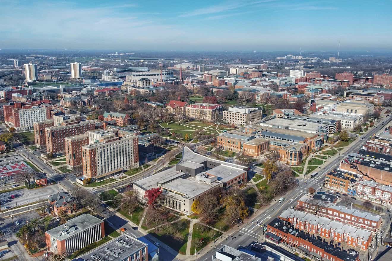 An aerial view of the main campus of The Ohio State University in Columbus. Credit: J. Jessee via Wikimedia Commons.