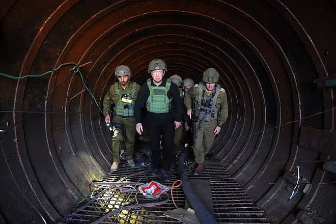 Israeli Defense Minister Yoav Gallant tours the largest-ever Hamas attack tunnel uncovered by the IDF, December 2023. Photo by Ariel Hermoni/Israeli Defense Ministry.