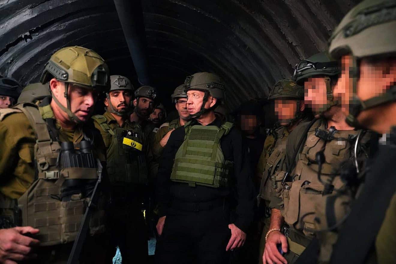 Israeli Defense Minister Yoav Gallant tours the largest Hamas attack tunnel yet uncovered by the IDF, December 2023. Photo by Ariel Hermoni/Israeli Defense Ministry.