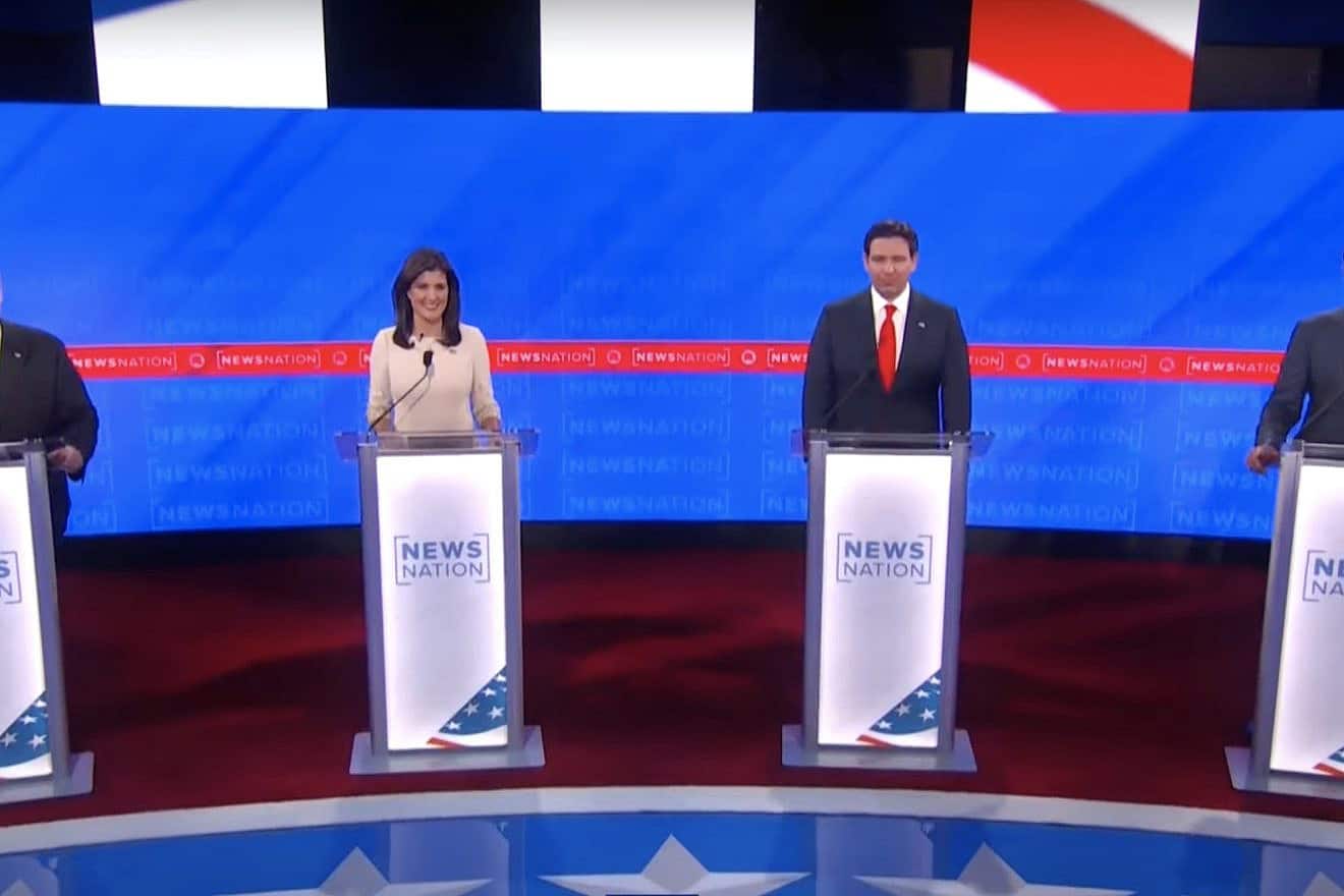 From left: 2024 GOP presidential candidates Chris Christie, Nikki Haley, Ron DeSantis and Vivek Ramaswamy at the fourth Republican primary debate in Tuscaloosa, Ala., on Dec. 7, 2023. Source: YouTube/NewsNation.