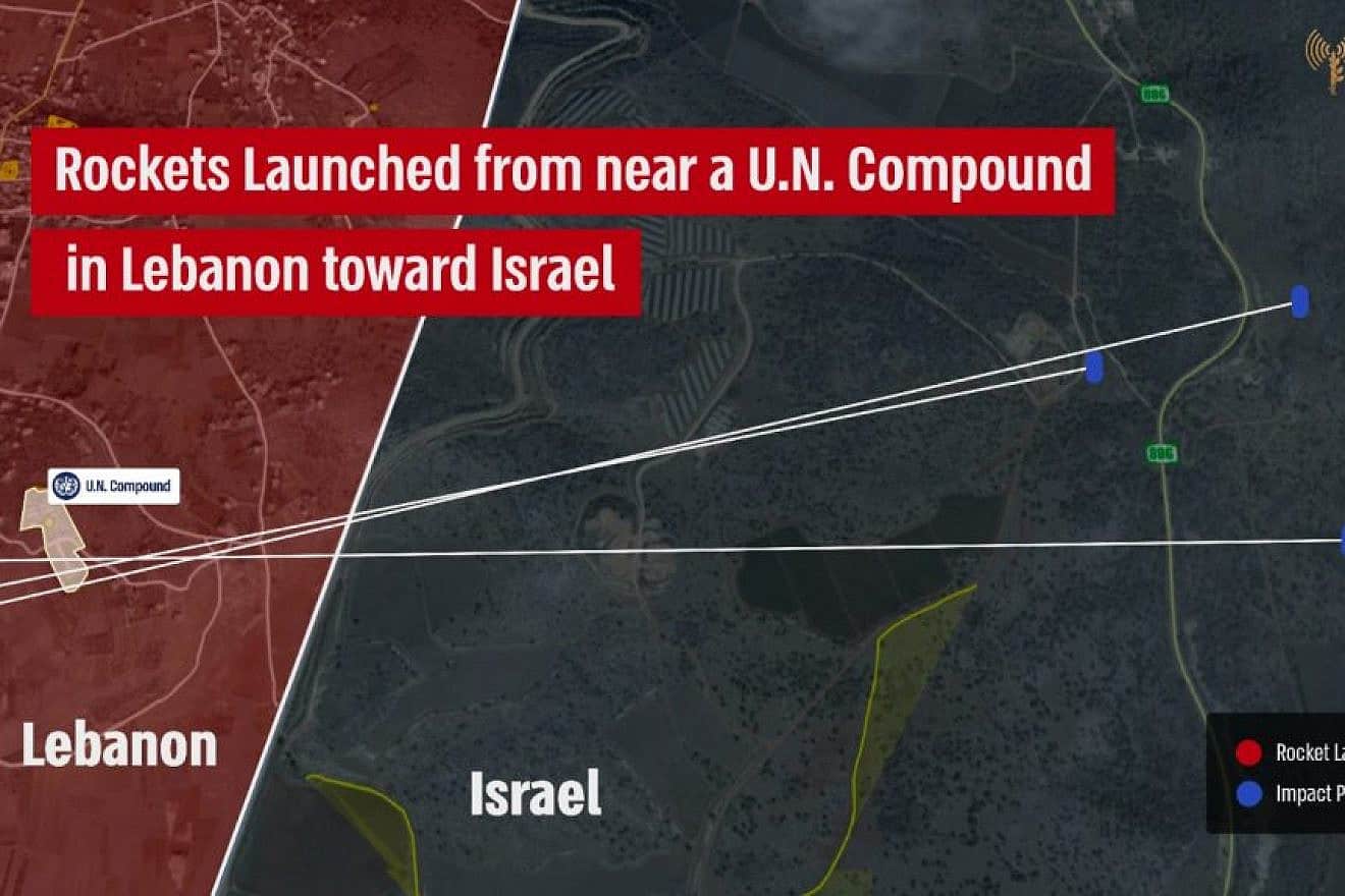 A map showing the proximity of Hezbollah rocket launchers in Lebanon to a U.N. compound and school. Source:  IDF Spokesperson.