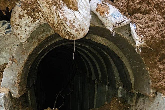 UNRWA sacks filled with sand line a Hamas terror tunnel under Al-Azhar University in Gaza City. Credit: TPS.
