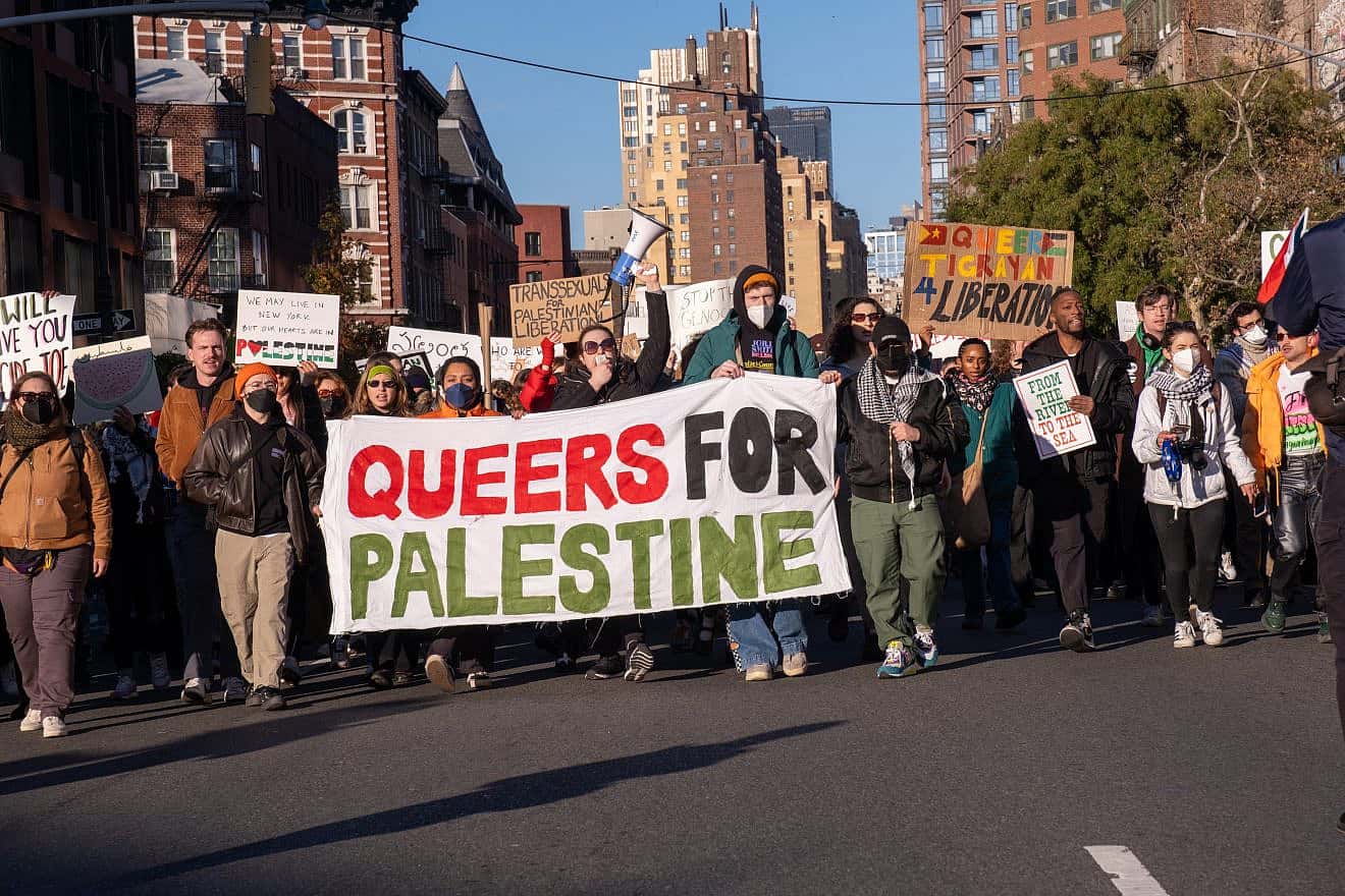 Protesters hold a "Queers for Palestine" sign in New York on Nov. 12, 2023. Credit: Syndi Pilar/Shutterstock.