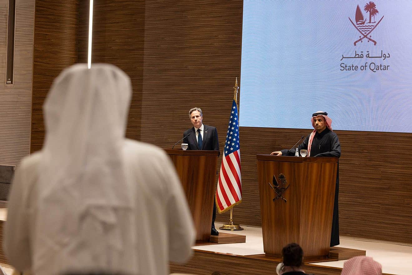 U.S. Secretary of State Antony Blinken holds a joint press availability with Qatari Prime Minister and Foreign Minister Mohammed bin Abdulrahman Al Thani in Doha, Qatar, on Jan. 7, 2024. Credit: Chuck Kennedy/U.S. State Department.