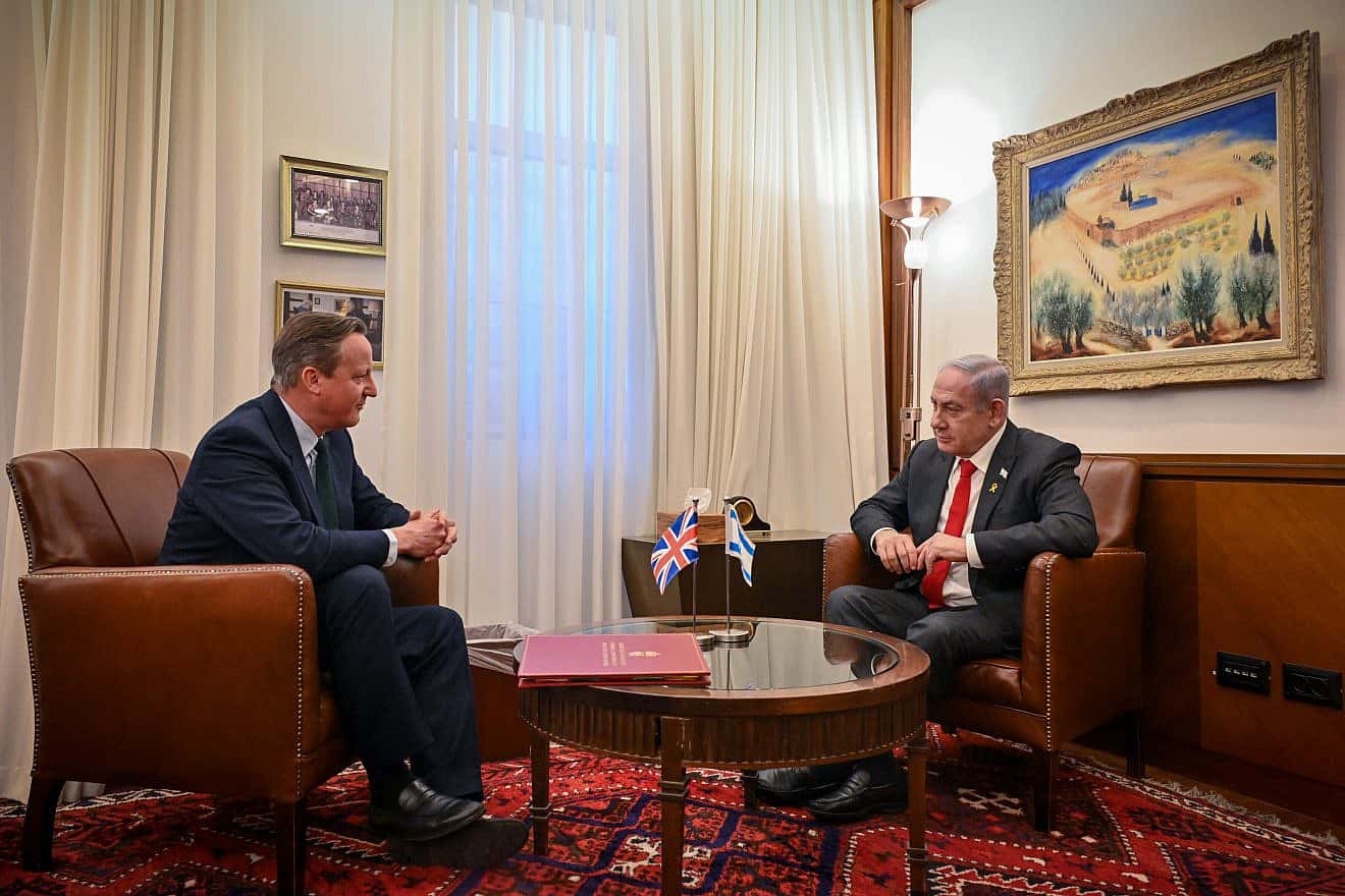 U.K. Foreign Secretary David Cameron meets with Israeli Prime Minister Benjamin Netanyahu in Jerusalem on Jan. 24, 2024. Photo by Kobi Gideon/ GPO.