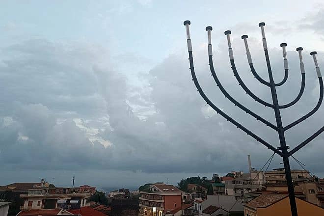A Chanukah menorah overlooks the Sicilian city of Catania, where Jews observed the High Holidays for the first time since the Spanish Inquisition eradicated Hebraic life on the largest island in the Mediterranean more than 500 years ago, Sept. 29, 2023. Photo by Michal Eliasy Marks.