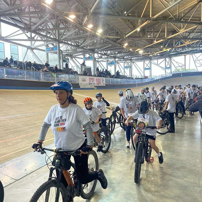 Cyclists join the solidarity ride at Tel Aviv's National Sylvan Adams National Velodrome marking 100 days of captivity for those being held by Hamas in Gaza, Jan. 14, 2024. Photo: Courtesy.