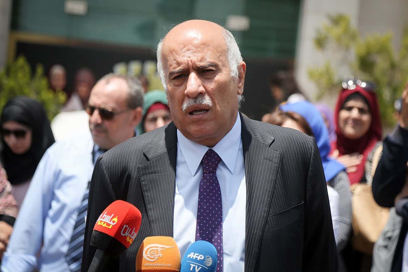 Fatah official Jibril Rajoub speaks during a press conference outside the Argentine representative office in the Samaria city of Ramallah, June 3, 2018. Photo by Flash90.