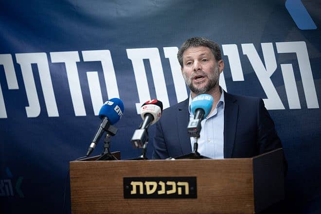 Religious Zionist Party leader Bezalel Smotrich leads a faction meeting at the Israeli parliament in Jerusalem, Janu. 8, 2024. Photo by Yonatan Sindel/Flash90.