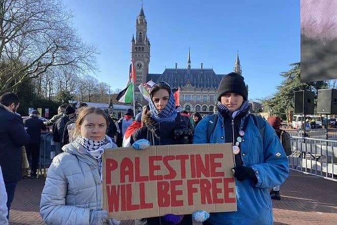 Climate activist Greta Thunberg (left) rallies on behalf of Palestinians outside the International Court of Justice at The Hague, Netherlands, on Jan. 26, 2024. Source: X/Greta Thunberg.