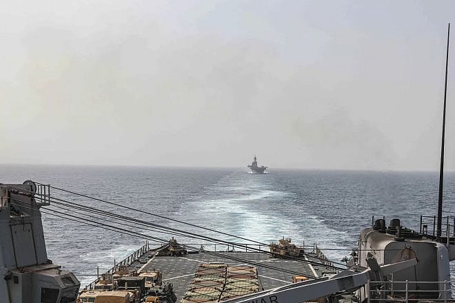The “USS Carter Hall” dock landing ship and “USS Bataan” amphibious assault ship in the Bab al-Mandeb strait, which connects the Red Sea and the Gulf of Aden, Aug. 29, 2023. Photo by Mass Communication Specialist 2nd Class Moises Sandoval/U.S. Navy.