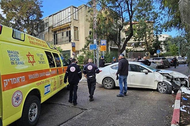 An Israeli man was seriously wounded in a car-ramming and stabbing terrorist attack in Haifa, Jan. 29, 2024. Credit: Magen David Adom.