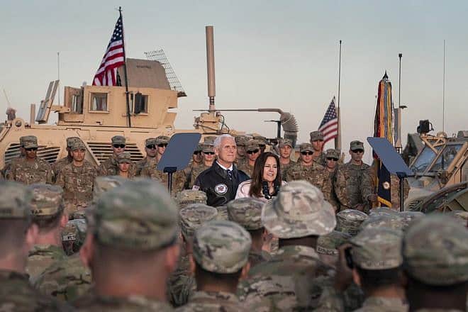 Then-US Vice President Mike Pence talks to the troops in Erbil Air Base, Iraq, Nov. 23, 2019. Source: Wikimedia Commons.