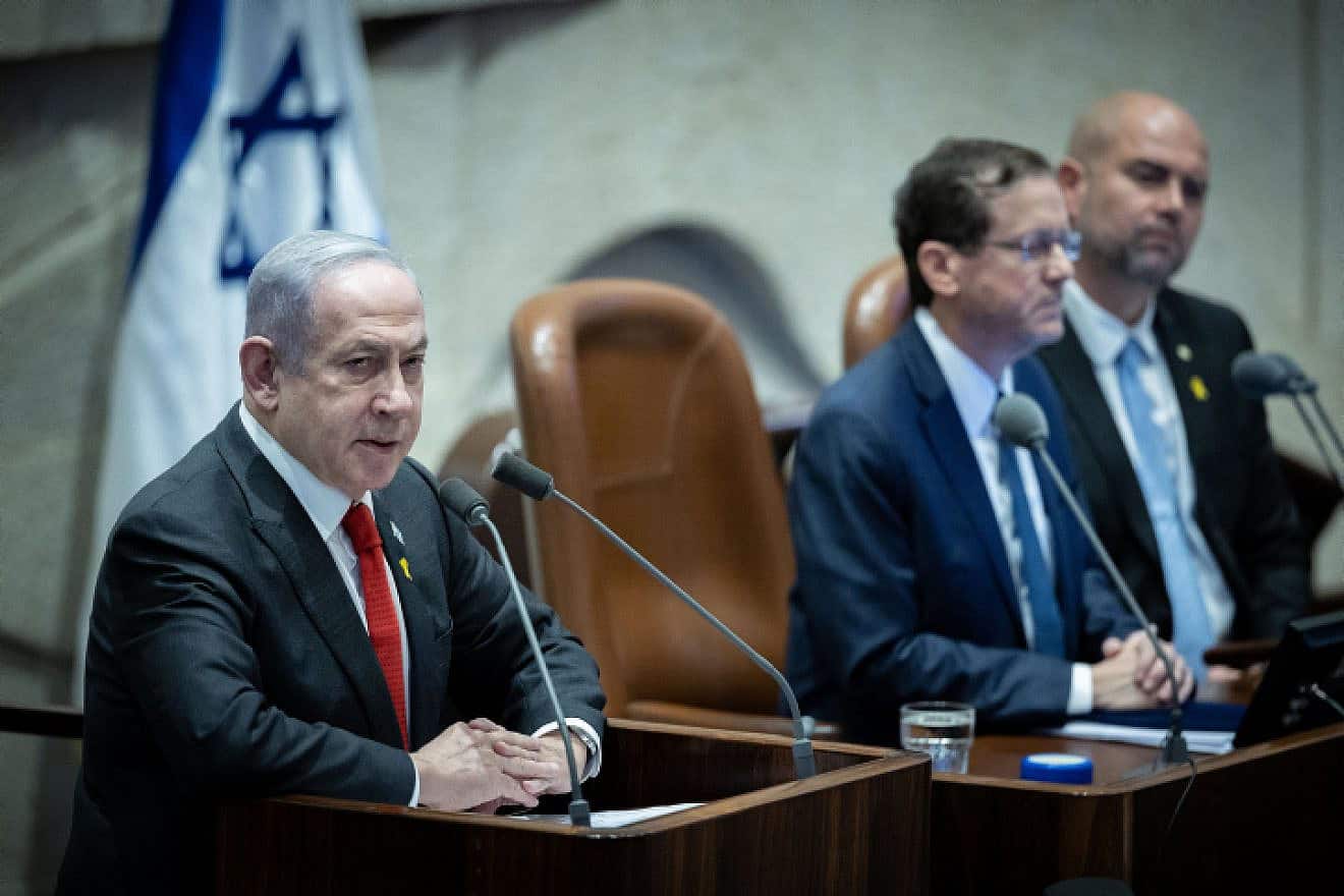 Israeli prime minister Benjamin Netanyahu speaks during a plenum session for the Knesset's 75th birthday, Jan. 24, 2024. Photo by Yonatan Sindel/Flash90.