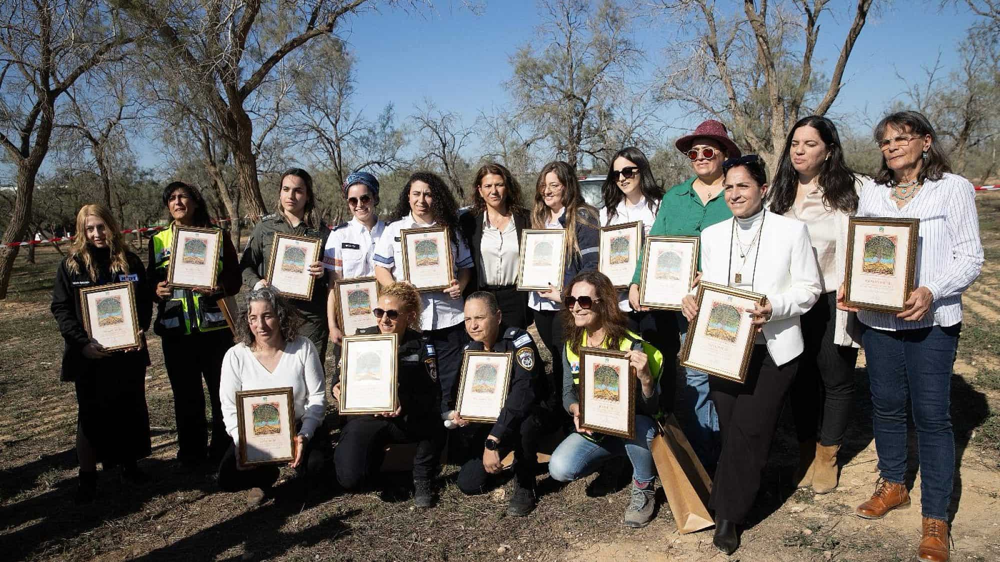 Israeli women honored by KKL-JNF for their actions during Hamas's invasion of southern Israel pose with their awards in Ofakim, on Jan. 7, 2024. Credit: Kolomoisky Alexander for KKL-JNF.