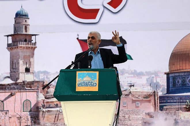 Yahya Sinwar, Hamas's Gaza strongman, speaks at a rally, April 14, 2023. Photo by Majdi Fathi/TPS.